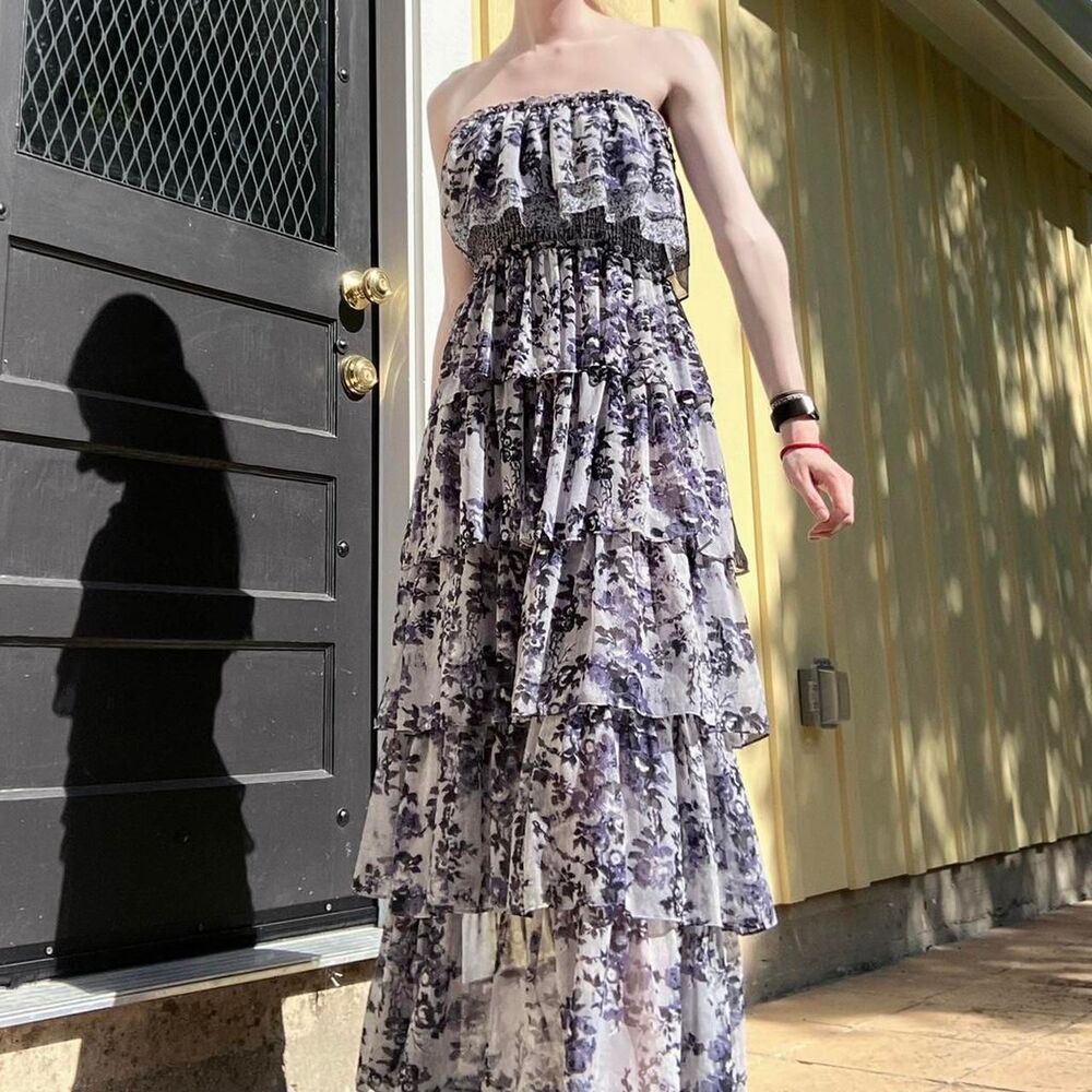 Misa Los Angeles Nadia Strapless Tiered Purple & White Bandeau Ruffle Maxi Dress